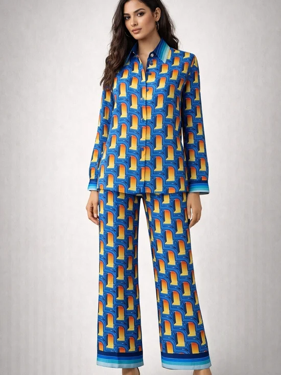 Casablanca L'Arche De Nuit Silk Palazzo Pants, Blue Multicolor (Size 36, US 4) - Picture 2 of 5